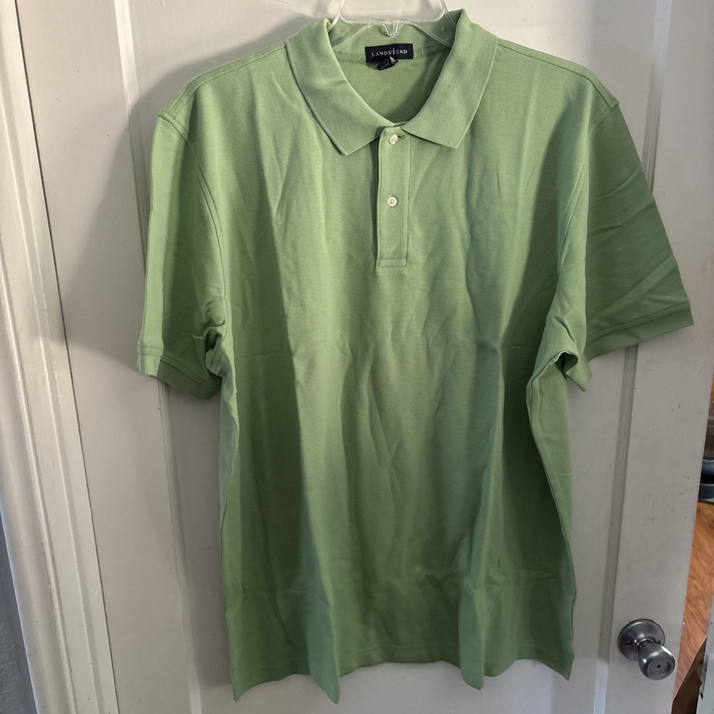 Lands End Shirt Mens XXL Green Polo Cotton Short Sleeve Button Up NEW